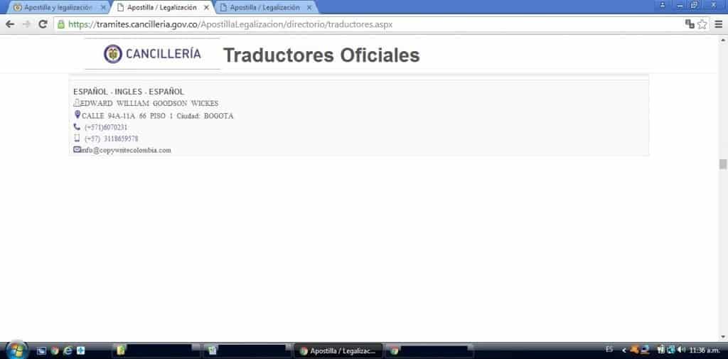 Imagen de la página de la cancillería de traductores oficiales, la cual ya no está disponible 